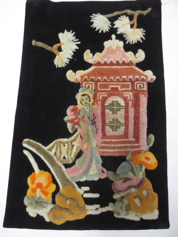 Mid Century Black Velvet Asian Theme Crewel Wall Art Geisha Pagoda Textile