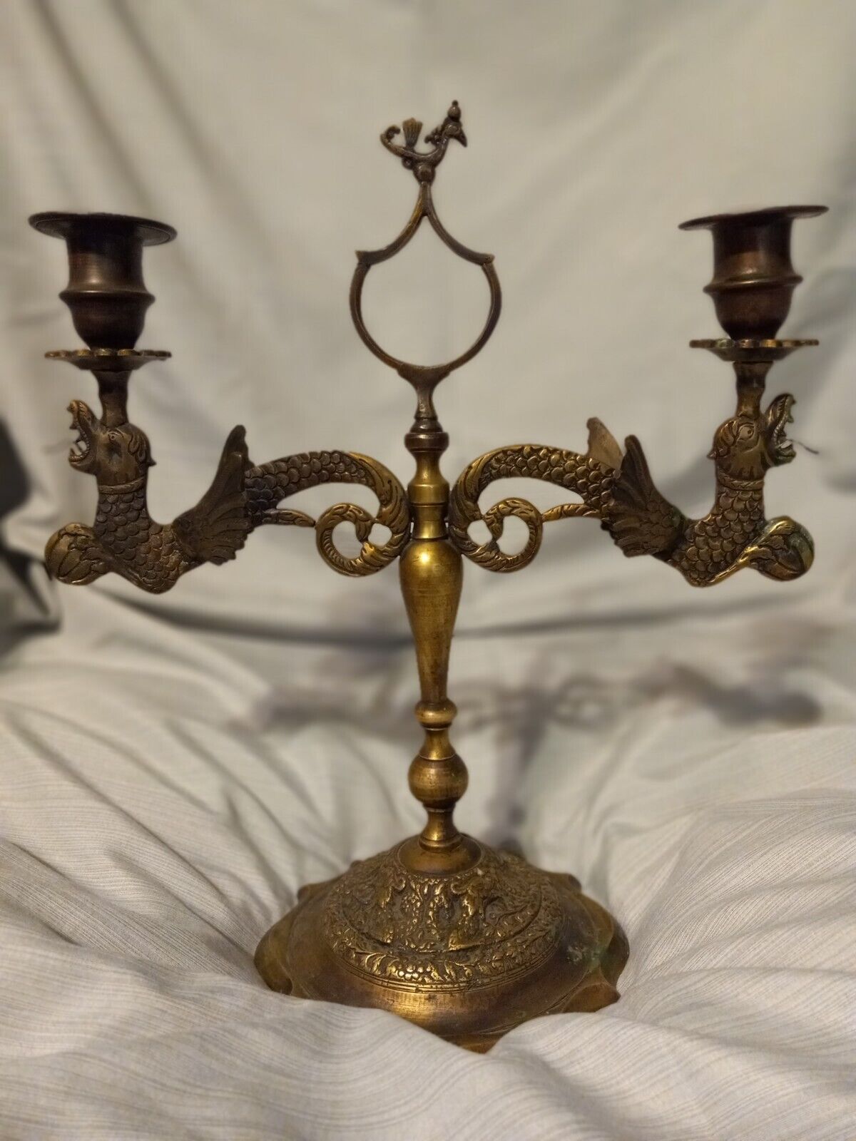 Antique Chinese  Brass Grifton Double Candlestick