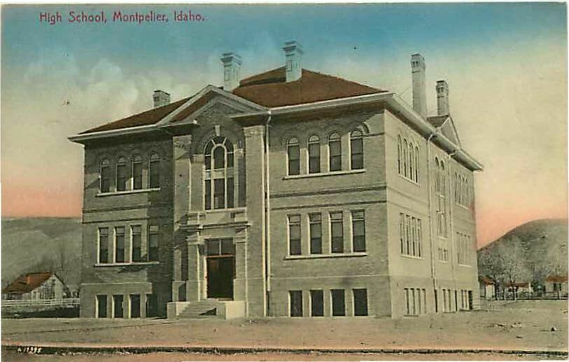 Hand-colored Postcard High School, Montpelier, Idaho - Circa 1908