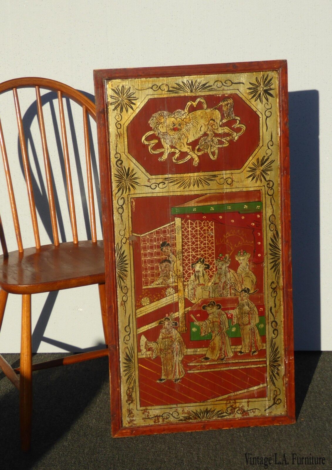 Vintage Asian Oriental Red & Gold Hand Painted Wall Panel Picture