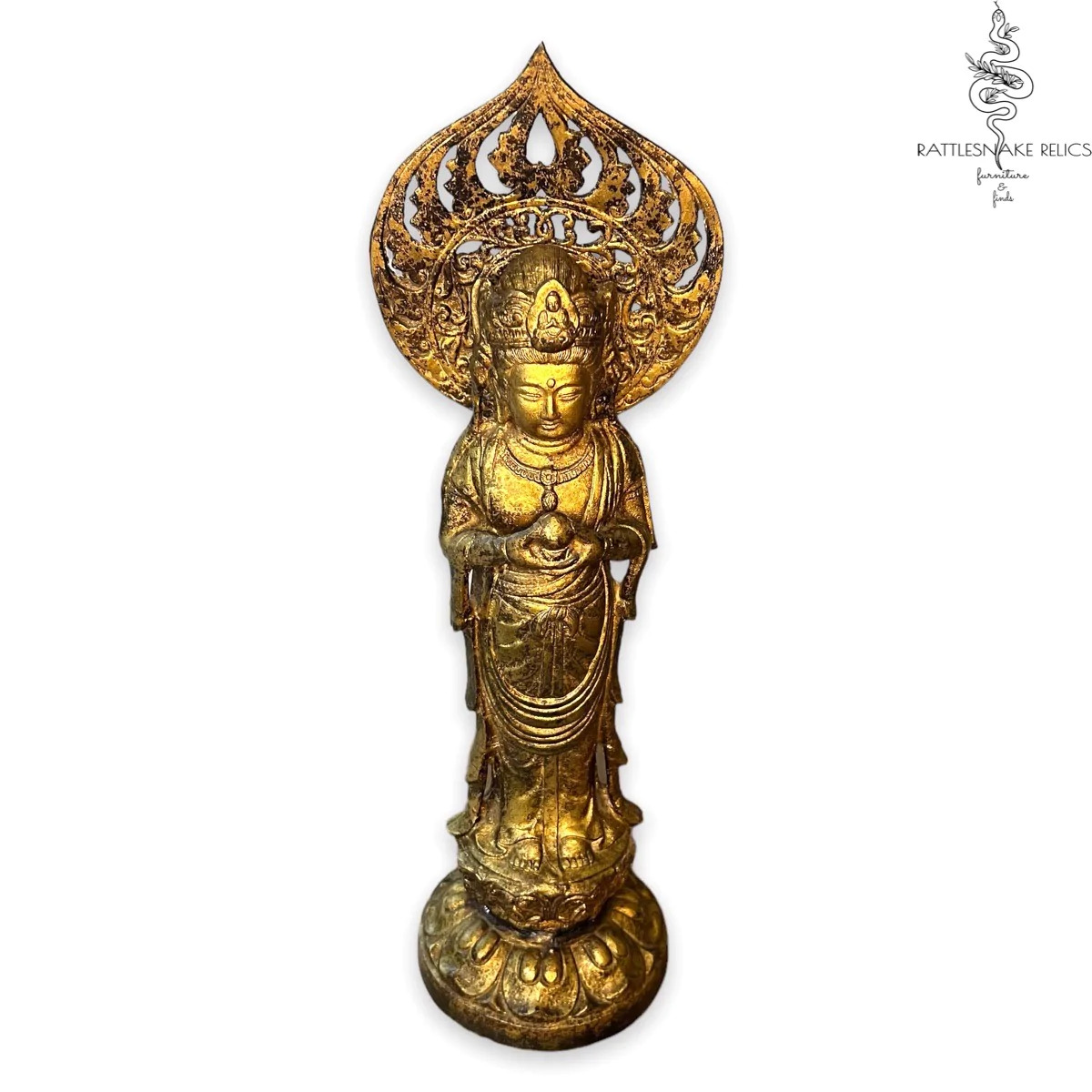 Vintage Quan Yin Goddess Statue Gold Brass Metal