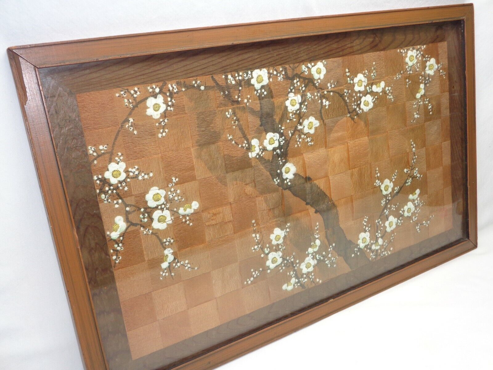 Vtg Bonsai Cherry Blossom Oriental Decor Tree Painting Woven Wood Frame Wall Art