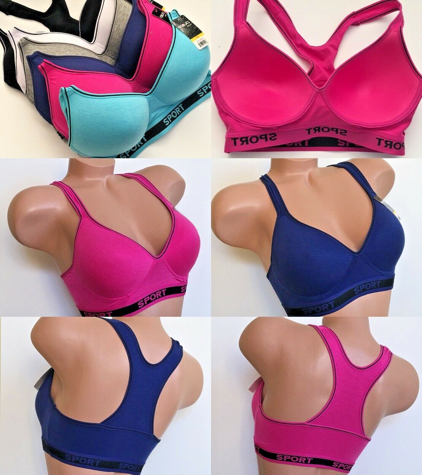 3 Bra -6 Sport Bras Active Wear Yoga Racer Back Molded Cup 8925 Cotton 32b-42d